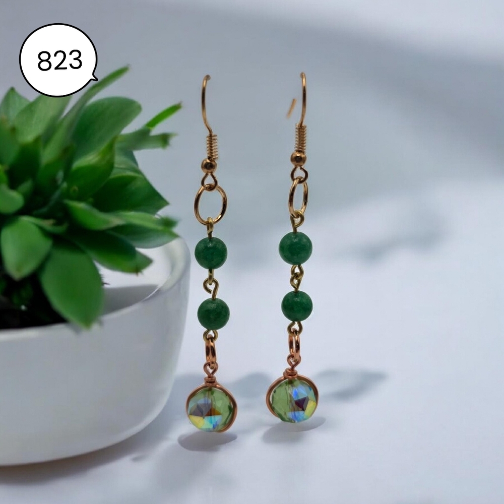 Green Jade & Crystal Drop Earrings | Copper Wire Wrapped Dangle Earrings